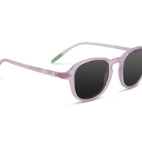Lavender sunglasses, side view, oval dark lenses and flexible arms