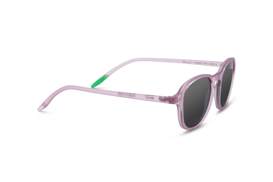 Lavender sunglasses, angled view, dark lenses with branded temple detail