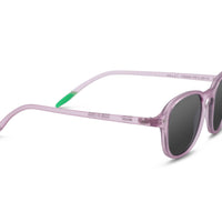 Lavender sunglasses, angled view, dark lenses with branded temple detail