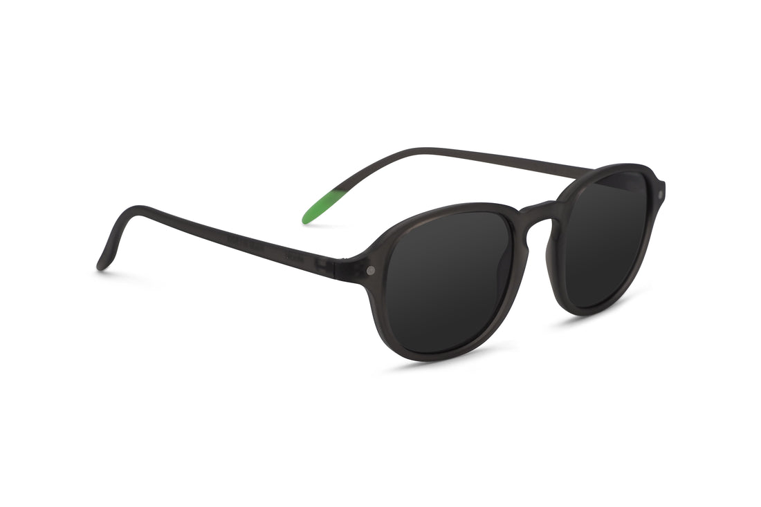 Side view of dark-lens cat-eye sunglasses with black frame and green temple detail