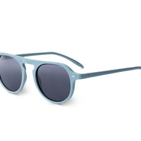 Steel blue sunglasses in side view with dark round lenses and slim metal arms
