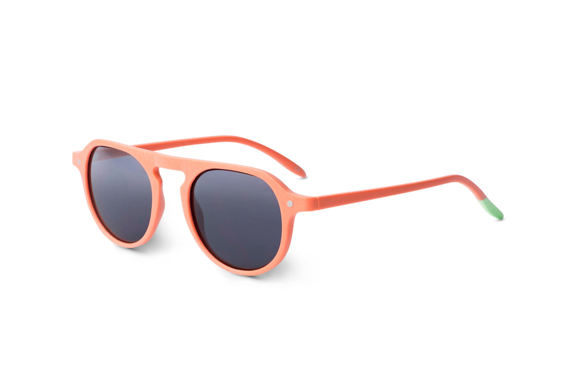 Tangerine cat-eye sunglasses with dark lenses, side view