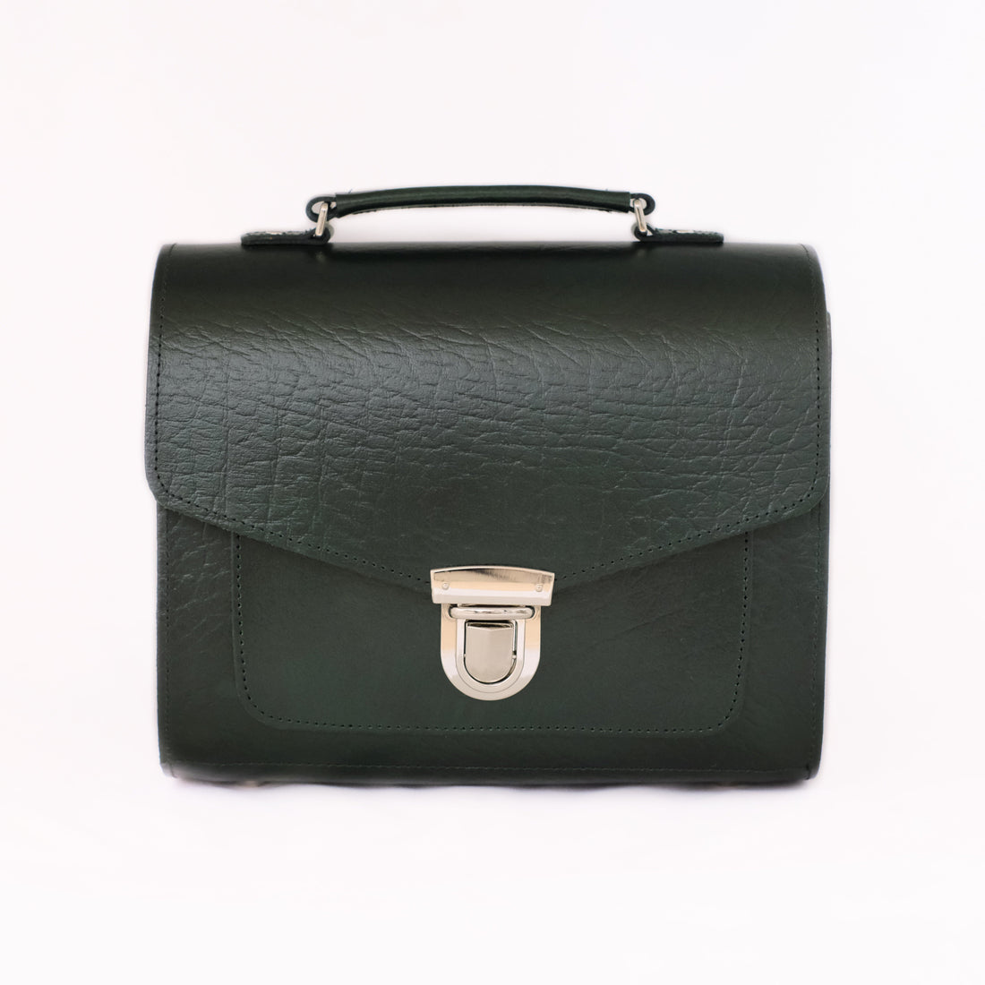 Top-handle dark green leather briefcase with front flap and buckle clasp