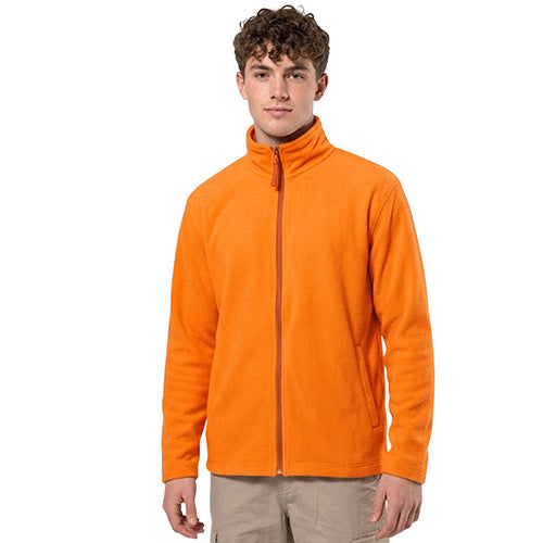 Men’s orange fleece jacket with a full-length zipper, stand collar and side pockets.