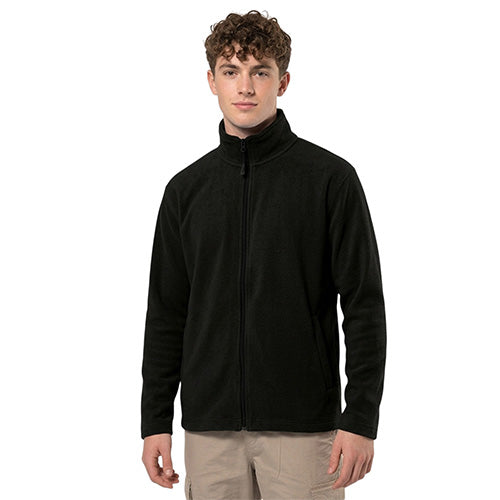 Men’s black fleece jacket with a full-length zipper, stand collar and side pockets.