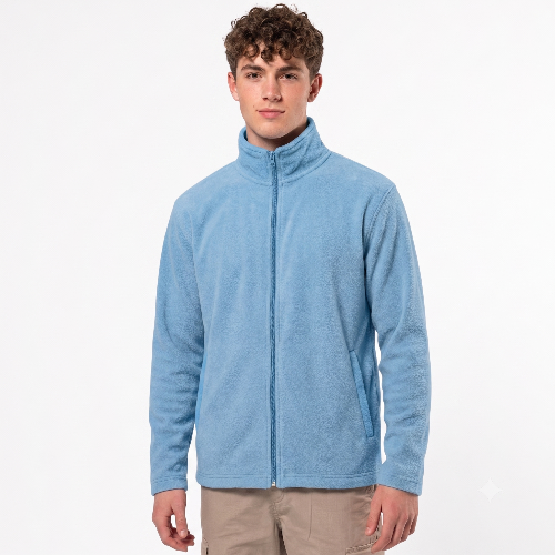 Men’s blue fleece jacket with full zip, stand collar and side pockets
