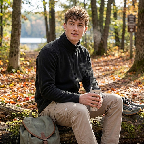 Men’s black fleece jacket with a stand collar and full-length zipper.