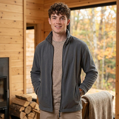Men’s charcoal gray fleece jacket with a stand collar, front zipper and side pockets.