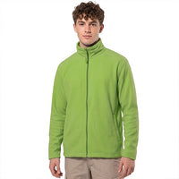 Men’s lime green fleece jacket with a full-length zipper, stand collar and side pockets.
