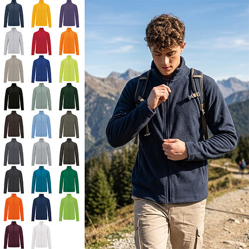 Men’s navy fleece jacket shown outdoors, with a full-length zipper, stand collar and side pockets; color options shown.