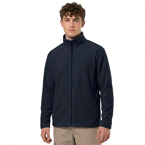 Men’s fleece jacket in navy with a full front zip and stand collar