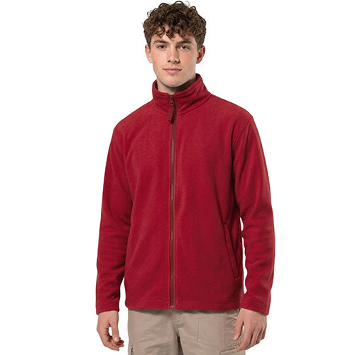 Men’s red fleece jacket with full zip, stand collar and side pockets