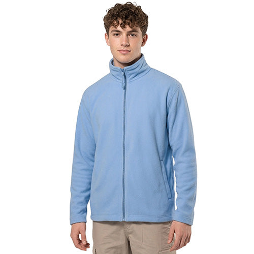 Men’s light blue fleece jacket with full zip, stand collar and side pockets