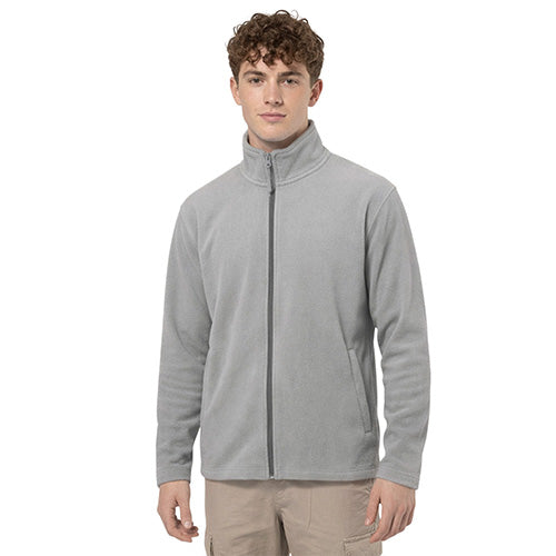 Men’s light gray fleece jacket with a full-length zipper, stand collar and side pockets.