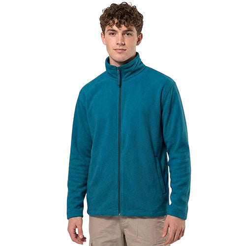 Men’s fleece jacket in teal with a full-length zipper, stand collar and side pockets.