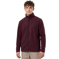Men's fleece jacket in burgundy with a full zip and stand collar.