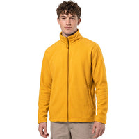 Men's fleece jacket in mustard yellow with a full zip and stand collar.