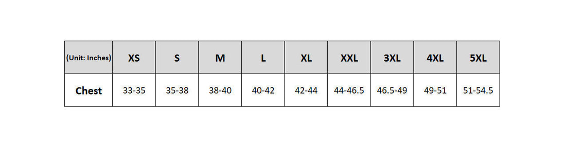 Men’s fleece jacket size chart listing chest measurements from XS to 5XL.