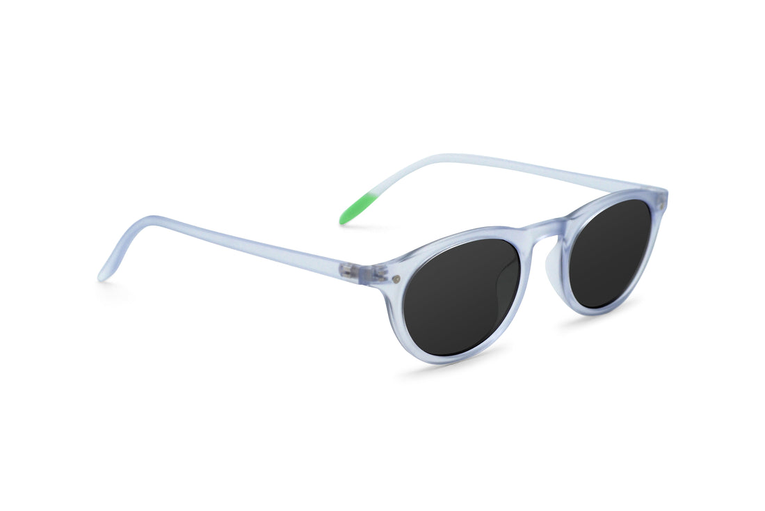 Kilda Polar polarized sunglasses, light blue frame, green temple tips, dark lenses