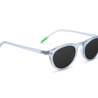Kilda Polar polarized sunglasses, light blue frame, green temple tips, dark lenses