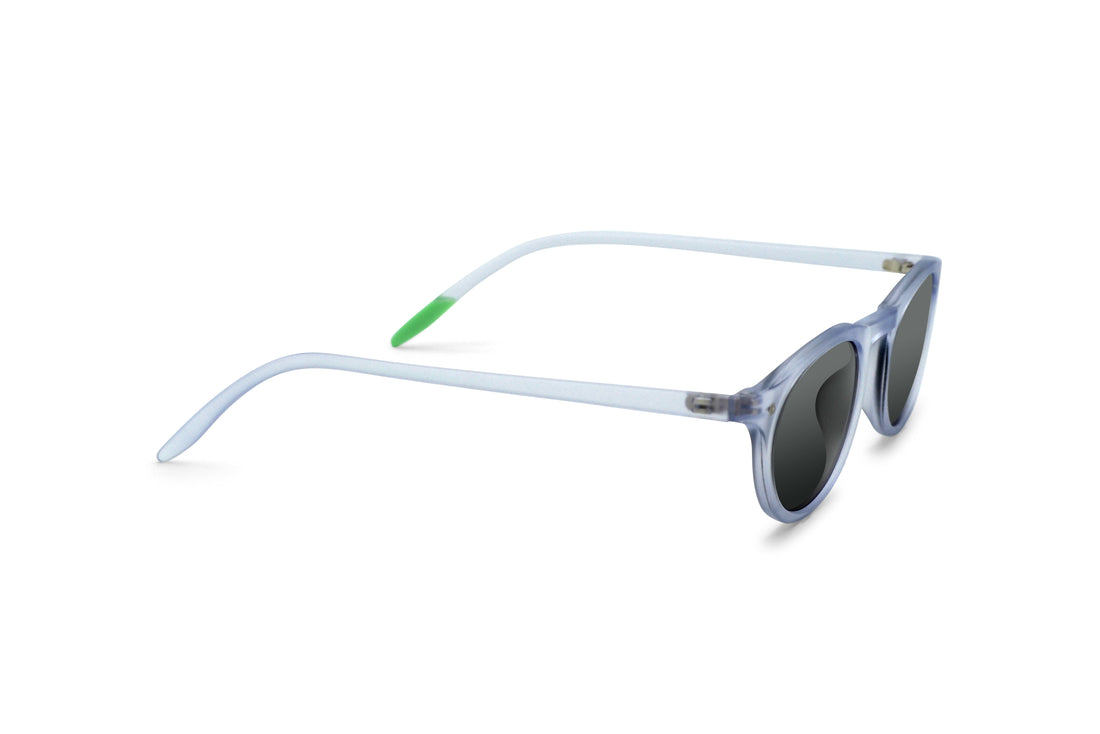 Kilda Polar polarized sunglasses, side view with dark lenses on light blue frame