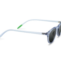 Kilda Polar polarized sunglasses, side view with dark lenses on light blue frame
