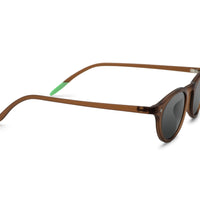Kilda toffee sunglasses side profile, dark oval lenses on brown frame
