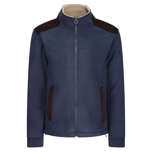 Navy fleece jacket with sherpa-lined collar, brown shoulder panels and front zip