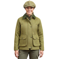 Women's olive tweed waterproof jacket with dark green collar and flap pockets, worn with a matching cap.