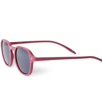 Raspberry sunglasses angled view with dark lenses and green tips