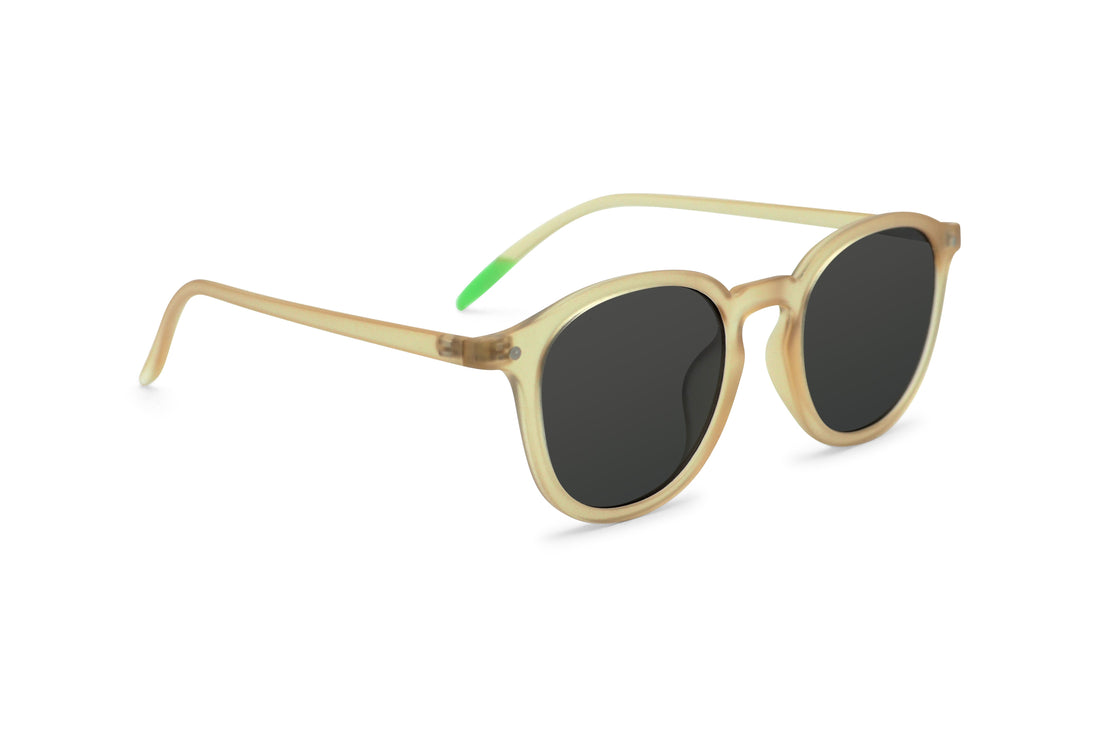 Beige bamboo sunglasses, side view, dark oval lenses