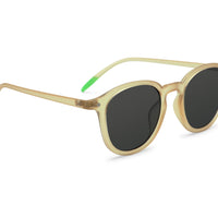 Beige bamboo sunglasses, side view, dark oval lenses