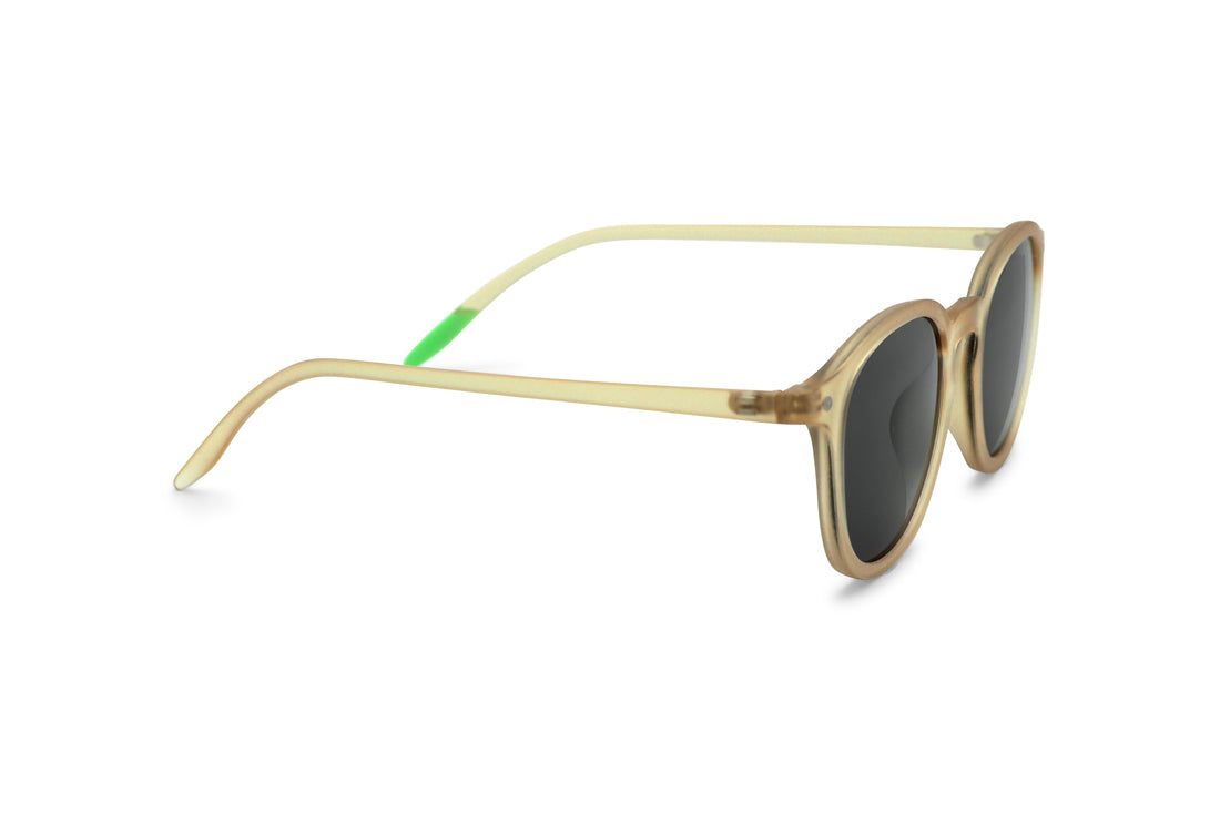 Beige bamboo sunglasses, temple and frame close-up, dark lenses