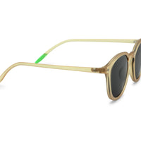 Beige bamboo sunglasses, temple and frame close-up, dark lenses