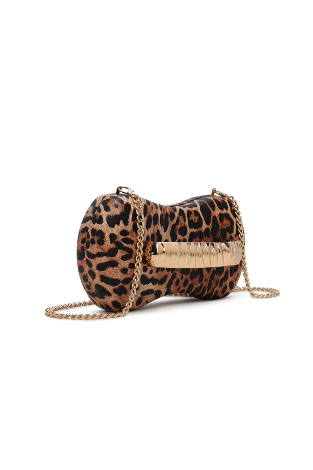 Leopard print clutch bag side view with gold chain strap and metal frame clasp