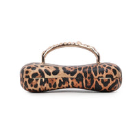 Leopard print clutch bag with curved waved handle, no chain visible
