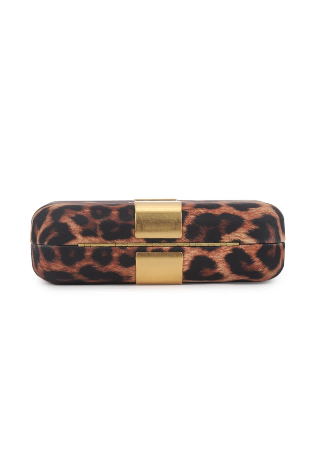 Leopard print clutch bag with gold-tone top clasp, strap not visible