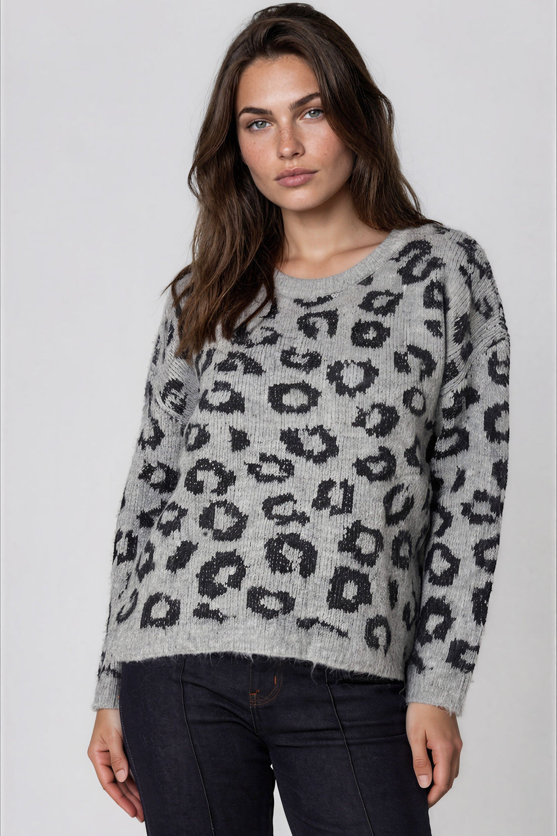 Grey Leopard Pattern Wool‑Blend Knit Jumper-0