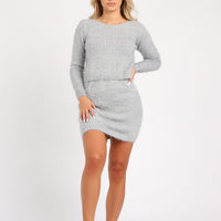 Grey fluffy long-sleeve lounge top and mini skirt set, crew neck, fitted knit