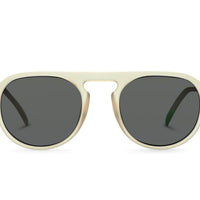 Champagne frame sunglasses with dark lenses, rounded cat-eye shape