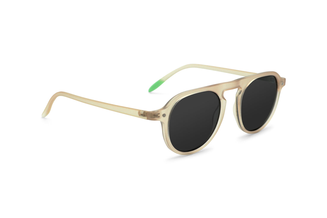 Champagne sunglasses with dark lenses and slim curved temples