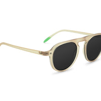 Champagne sunglasses with dark lenses and slim curved temples