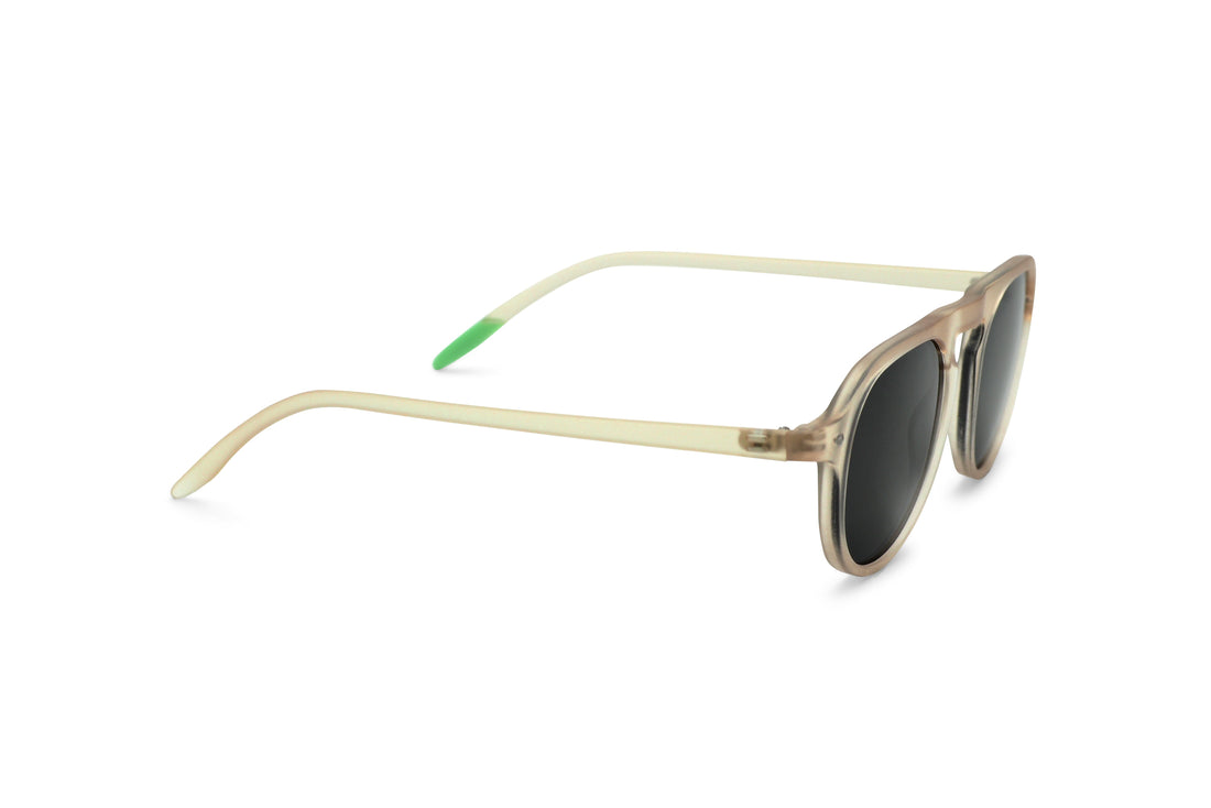 Champagne frame sunglasses with dark lenses, side view of temple