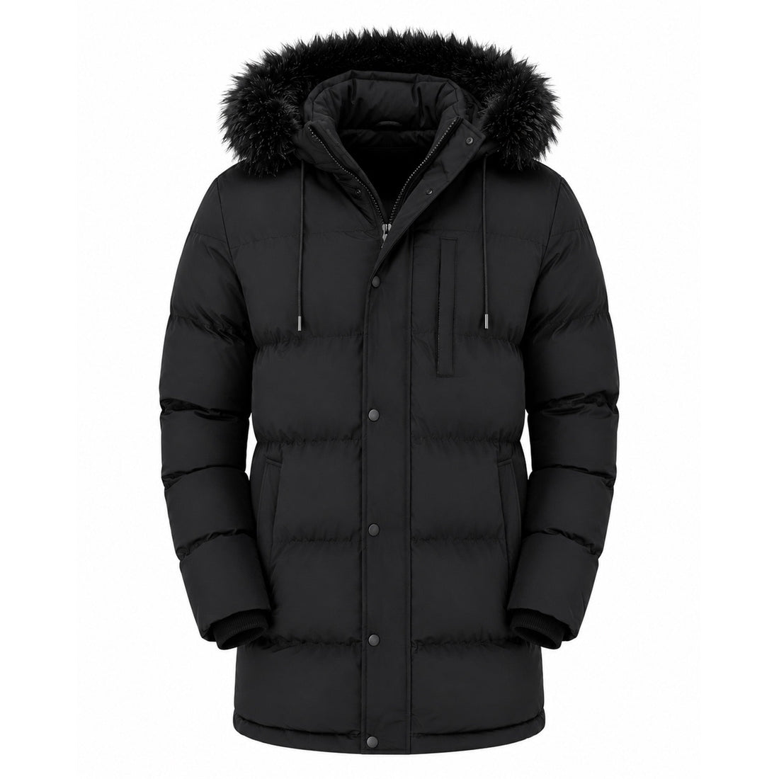 Front view of black padded parka jacket with fur-trimmed hood and zip and snap closure
