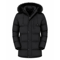 Front view of black padded parka jacket with fur-trimmed hood and zip and snap closure