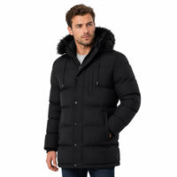Black hooded parka jacket with faux-fur trim, padded body, front pockets and snap closure