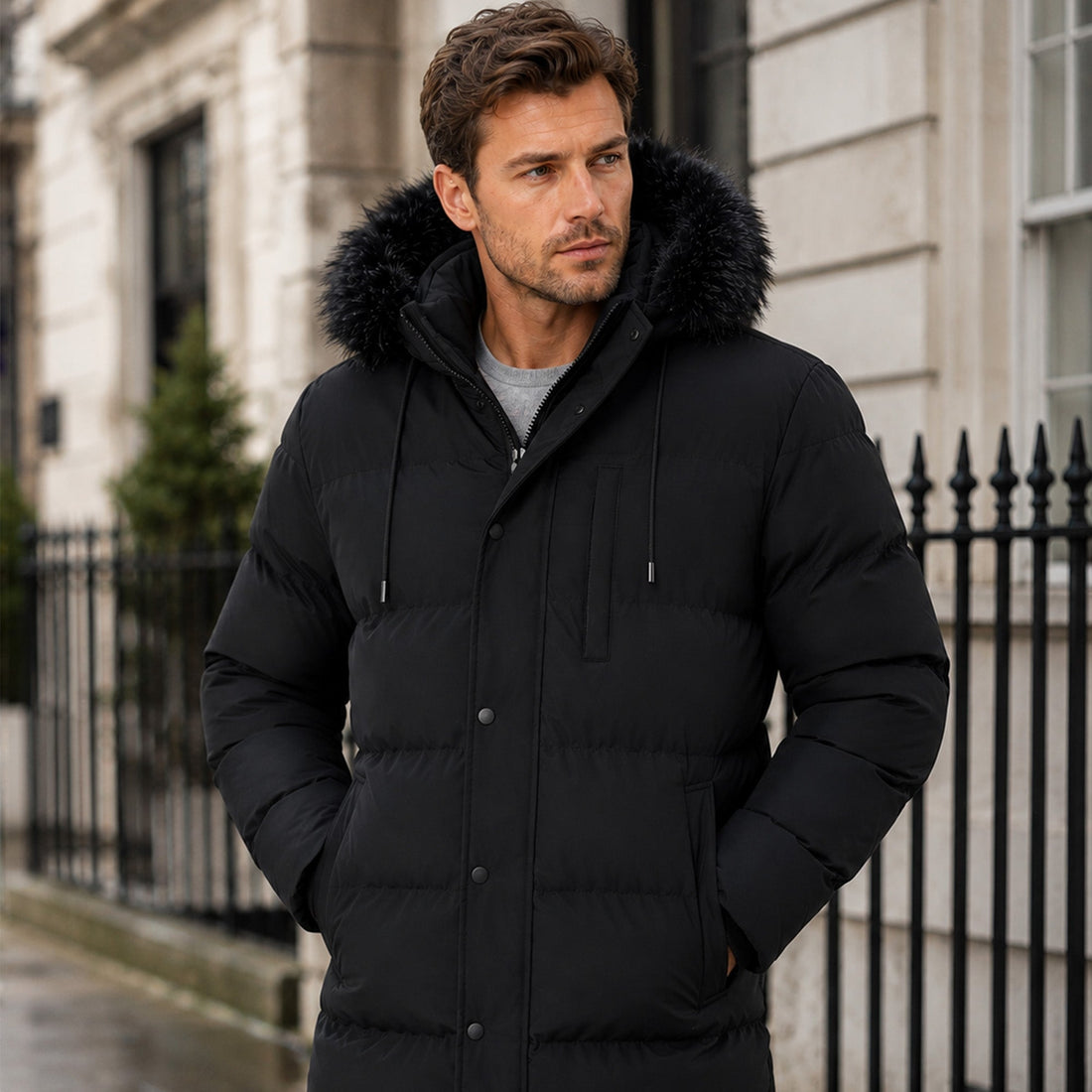 Black padded parka jacket with fur-trimmed hood, drawstrings and front pockets