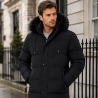 Black padded parka jacket with fur-trimmed hood, drawstrings and front pockets