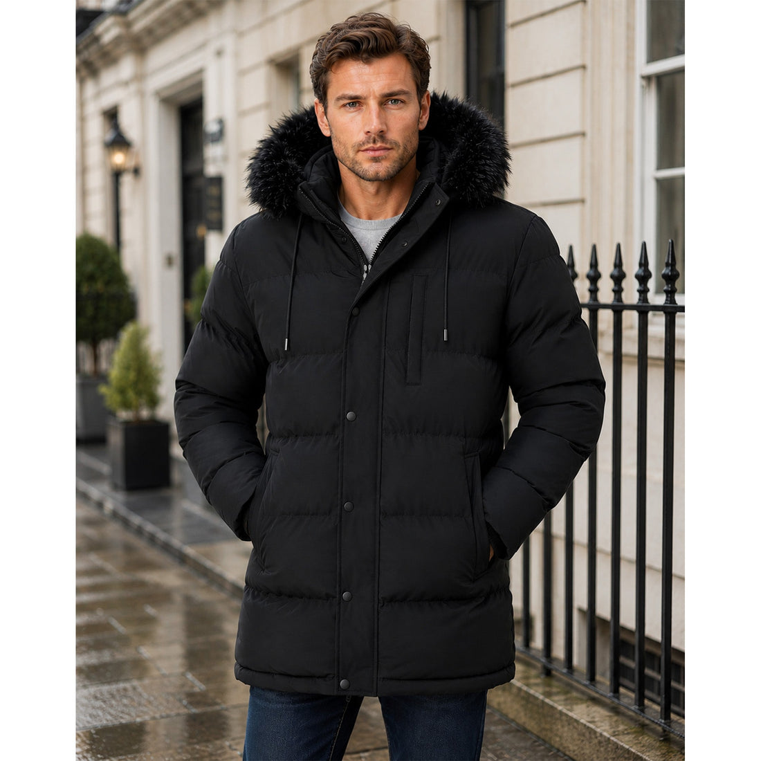 Long black hooded parka with fur trim, quilted sleeves and snap-front closure