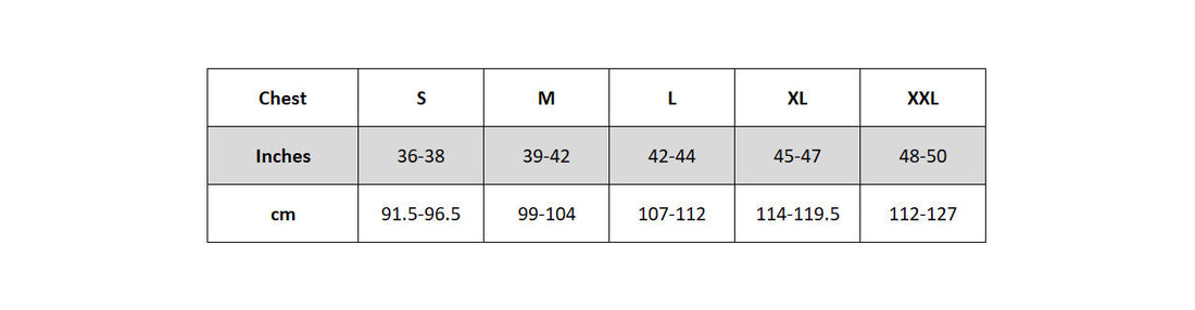 Parka jacket size chart with chest measurements for sizes S to XXL